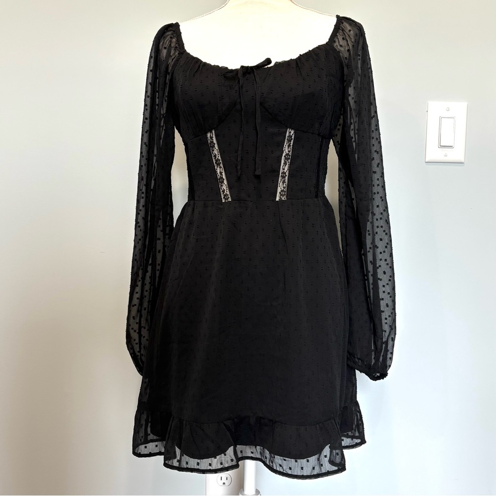 Hollister Black Sheer Lace Goth Polka Dot Long Sleeve Mini Dress NWT Medium
